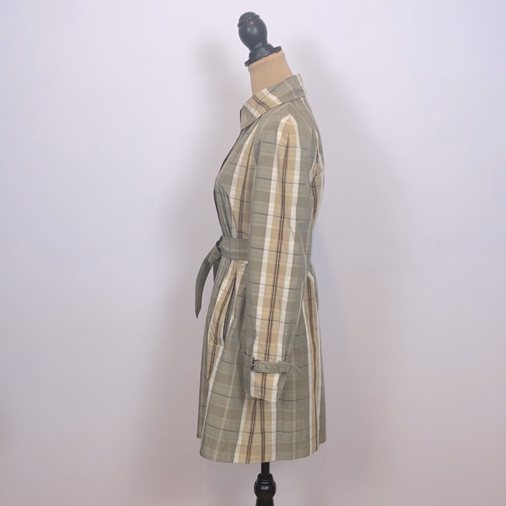 Banana Republic Olive Tan Cream Plaid Trench Rain Coat Size S - Picture 3 of 13